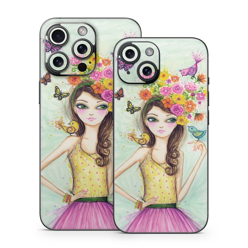 iPhone 15 Series Skin design of Pink, Illustration, Fashion illustration, Watercolor paint, Fictional character, Dress, Hair accessory, Wildflower, Costume, Plant, with blue, pink, yellow, orange, purple, brown, green colors