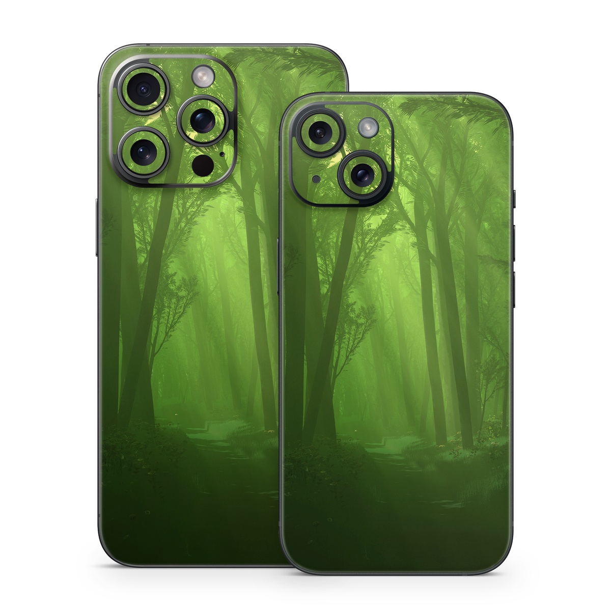 iPhone 15 Series Skin design of Nature, Green, Forest, Old-growth forest, Woodland, Natural environment, Vegetation, Tree, Natural landscape, Atmospheric phenomenon, with black, green colors