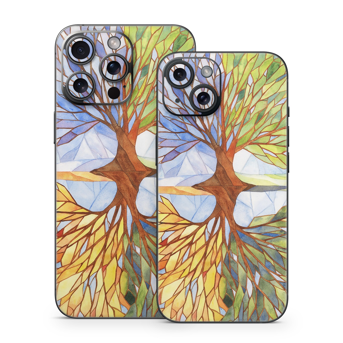 iPhone 15 Series Skin design of Leaf, Tree, Botany, Plant, Symmetry, Art, Pattern, Painting, Plant stem, Plane, with blue, brown, orange, yellow, red, purple colors