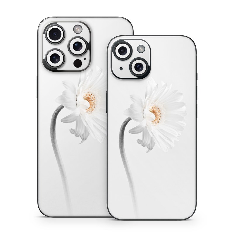 iPhone 15 Series Skin design of White, Hair accessory, Headpiece, Gerbera, Petal, Flower, Plant, Still life photography, Headband, Fashion accessory, with white, gray colors