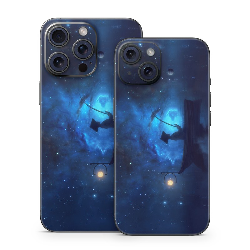 iPhone 15 Series Skin design of Sky, Night, Atmosphere, Light, Atmospheric phenomenon, Darkness, Screenshot, Space, Midnight, Moonlight, with white, blue, black, green, orange colors
