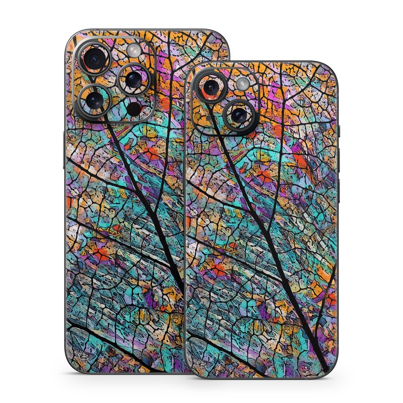iPhone 15 Series Skin design of Pattern, Colorfulness, Line, Branch, Tree, Leaf, Design, Visual arts, Glass, Plant, with black, gray, red, blue, green colors