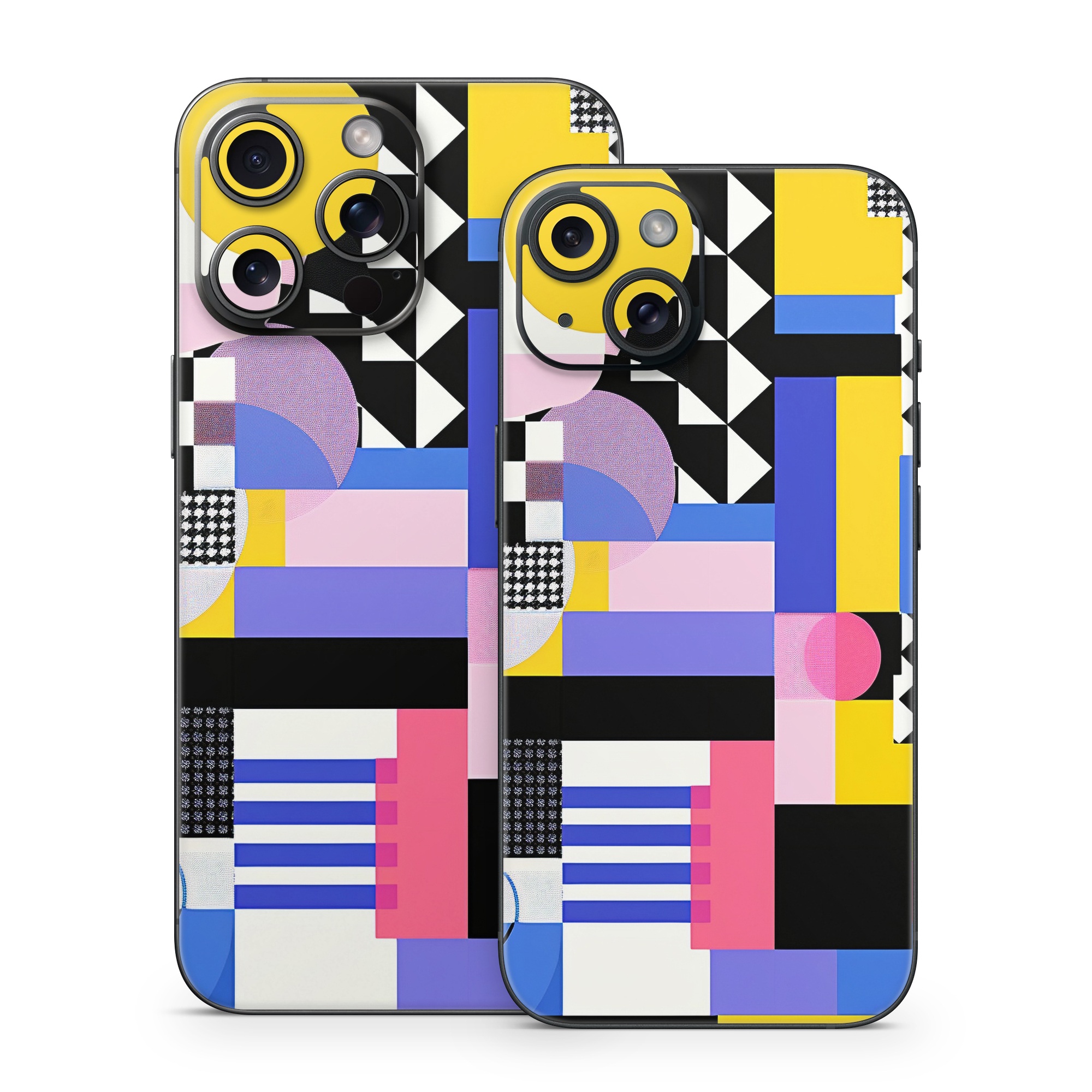 iPhone 15 Series Skin design of White, Black, Rectangle, Font, Art, Red, Pattern, Tints and shades, Circle, Electric blue, with blue, white, black, yellow, pink, purple colors