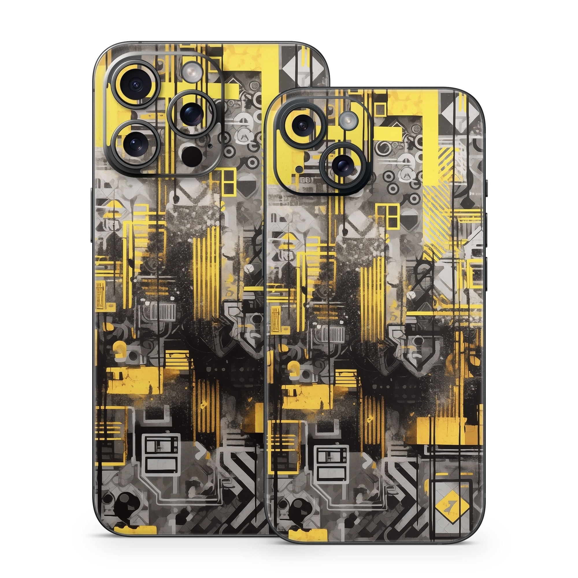 iPhone 15 Series Skin design of Rectangle, Yellow, Font, Art, City, Engineering, Tints and shades, Pattern, Symmetry, Space, with black, white, gray, yellow colors