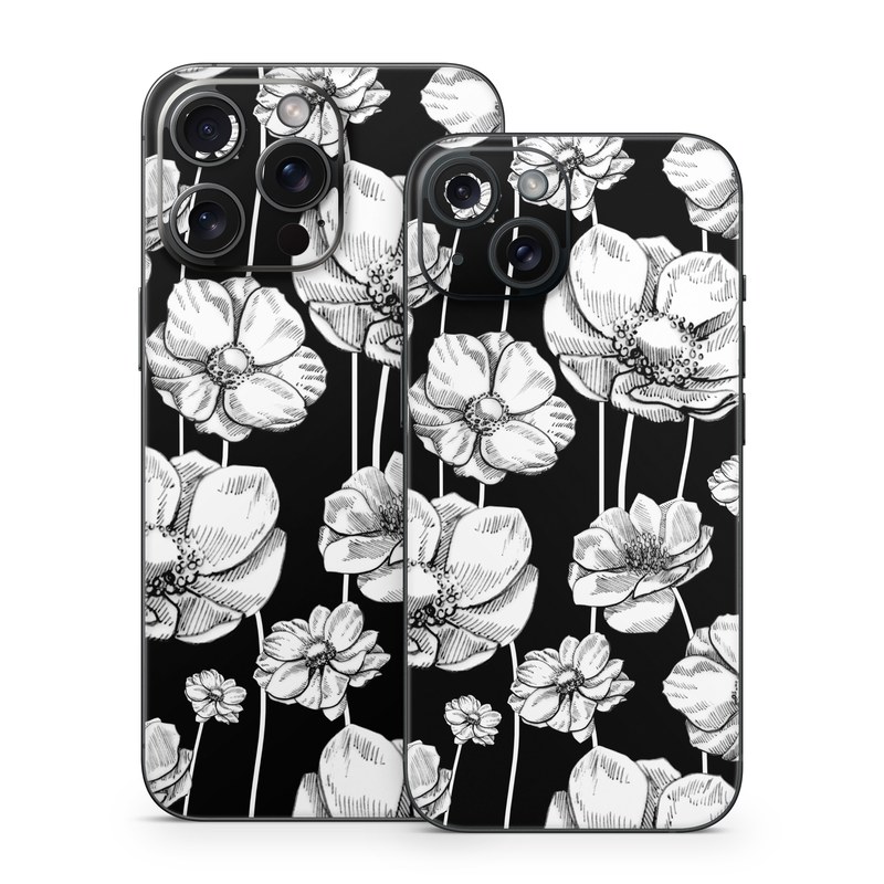 iPhone 15 Series Skin design of Flower, Black-and-white, Plant, Botany, Petal, Design, Wildflower, Monochrome photography, Pattern, Monochrome, with black, gray, white colors