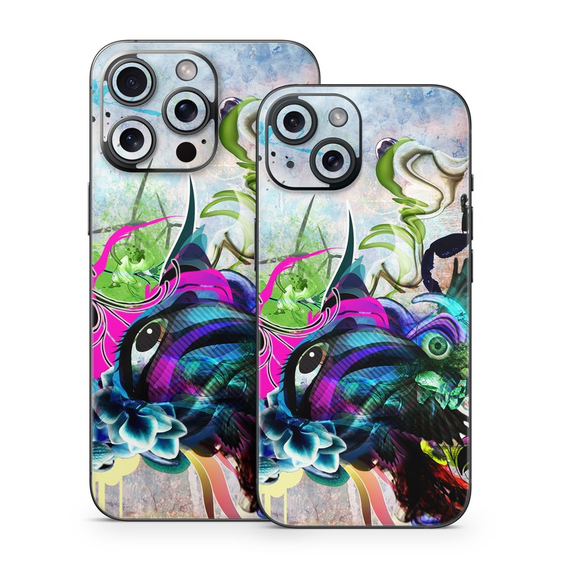 iPhone 15 Series Skin design of Graphic design, Psychedelic art, Art, Illustration, Purple, Visual arts, Graffiti, Street art, Design, Painting, with gray, black, blue, green, purple colors