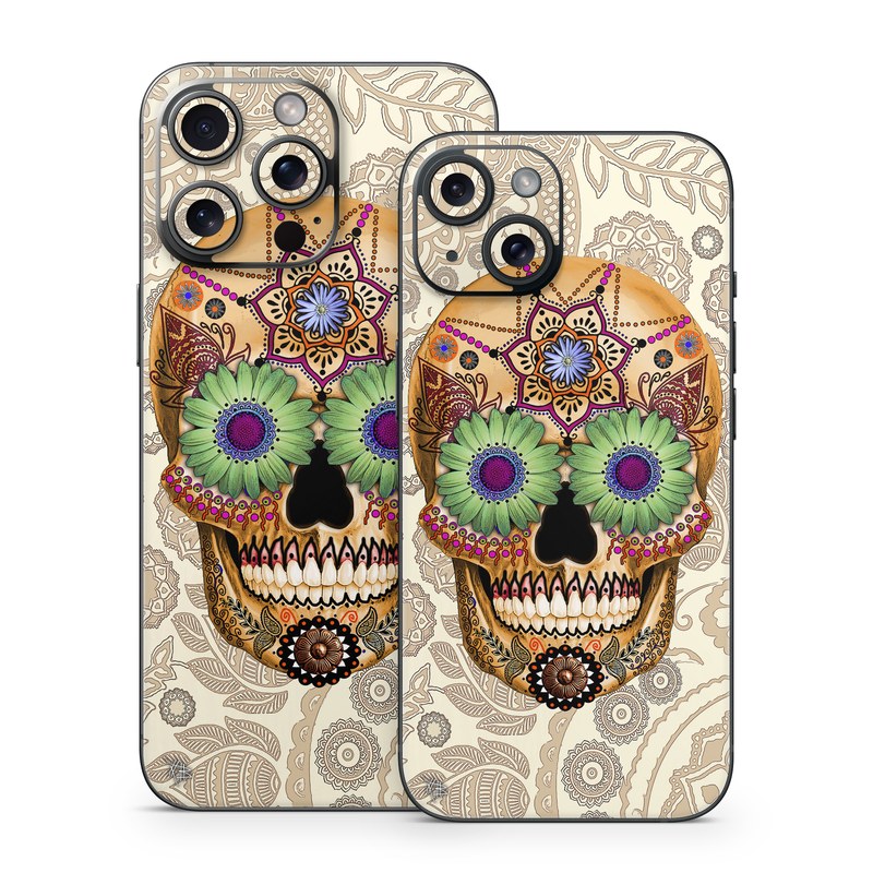 iPhone 15 Series Skin design of Skull, Bone, Pattern, Design, Illustration, Visual arts, Fashion accessory, Art, with gray, yellow, green, black, red, pink colors