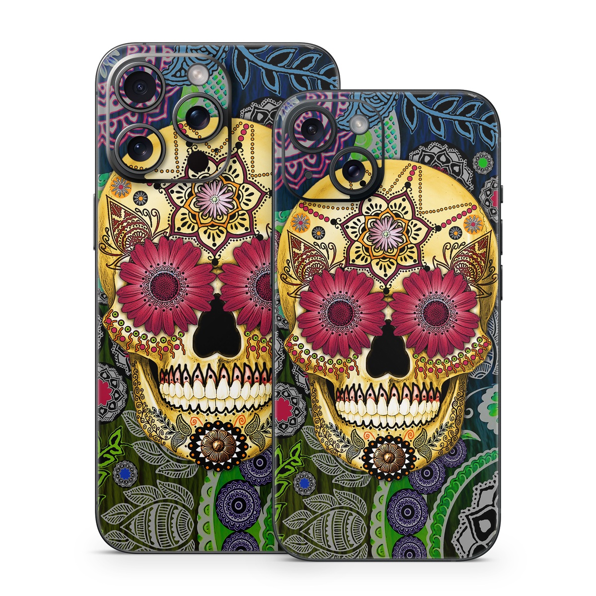 iPhone 15 Series Skin design of Skull, Bone, Pattern, Psychedelic art, Visual arts, Design, Illustration, Art, Textile, Plant, with black, red, gray, green, blue colors