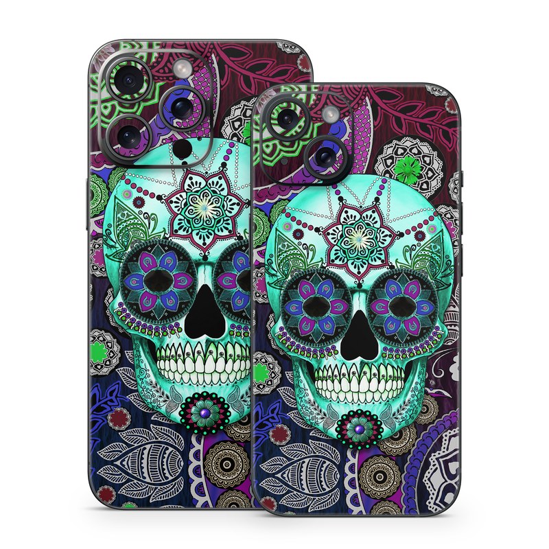 iPhone 15 Series Skin design of Psychedelic art, Pattern, Skull, Purple, Bone, Violet, Design, Visual arts, Art, Magenta, with blue, green, purple, red, green, pink colors