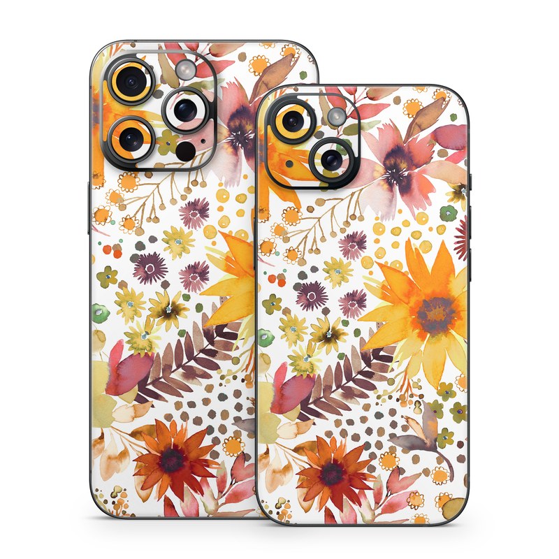 iPhone 15 Series Skin design of Flower, Plant, Petal, Botany, Textile, Orange, Line, Groundcover, Creative arts, Flowering plant, with white, yellow, pink, green, brown, orange colors