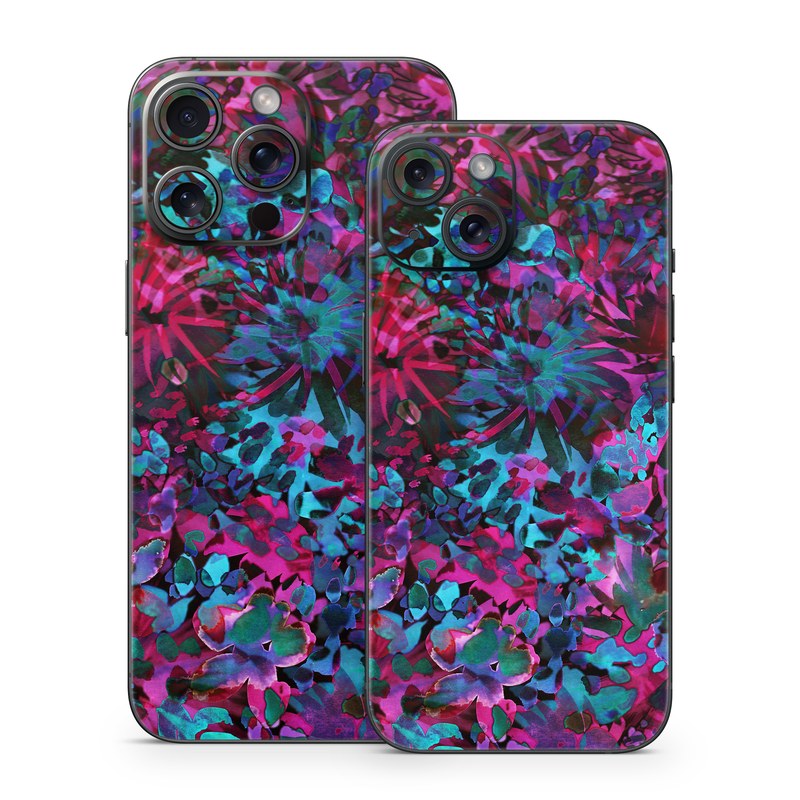 iPhone 15 Series Skin design of Pink, Purple, Violet, Lilac, Flower, Leaf, Plant, Magenta, Botany, Pattern, with black, pink, purple, blue, green colors