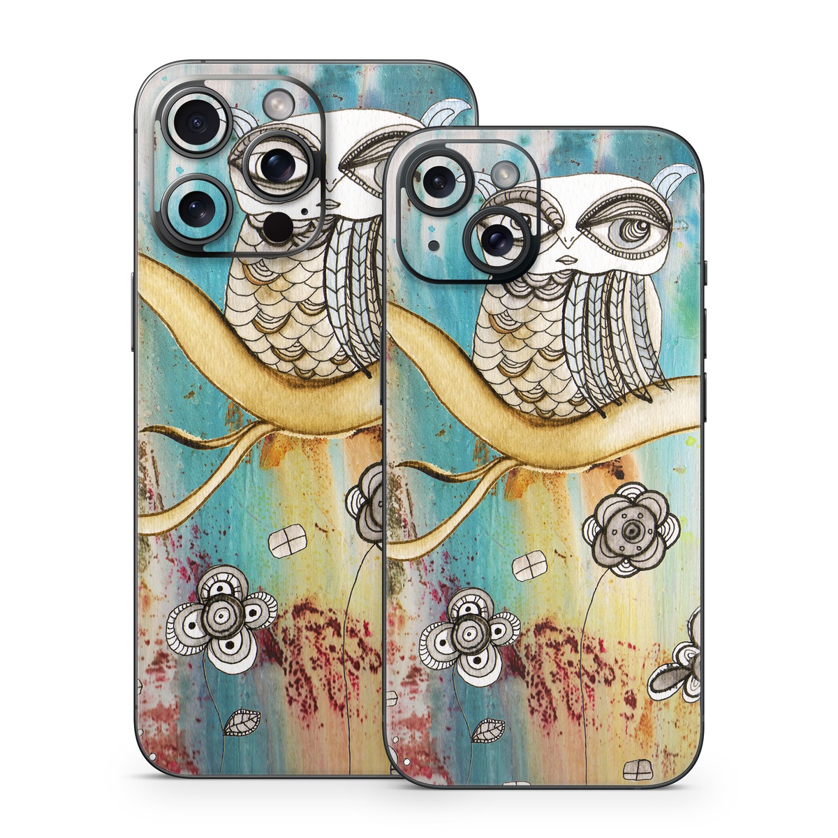 iPhone 15 Series Skin design of Owl, Pink, Illustration, Art, Visual arts, Watercolor paint, Organism, Modern art, Graphic design, Pattern, with gray, red, green, black, blue, purple colors