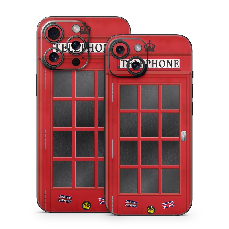 iPhone 15 Series Skin design of Red, Font, Building, Telephone Booth, Facade, with red, black, gray, white, blue, yellow colors