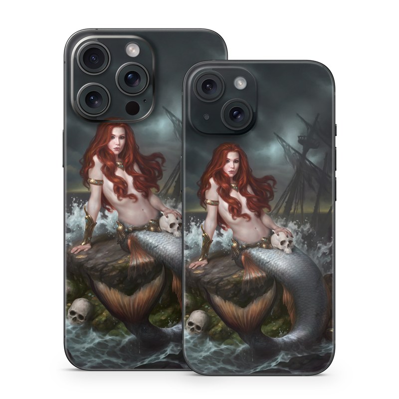 iPhone 15 Series Skin design of Mermaid, Cg artwork, Illustration, Fictional character, Mythology, Mythical creature, Art, Long hair, Woman warrior, Sitting, with black, brown, red, yellow, white, gray colors