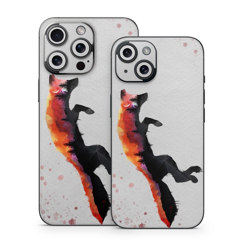 iPhone 15 Series Skin design of Illustration, Watercolor paint, Art, Graphic design, Painting, Red fox, Visual arts, Paint, Drawing, Tail, with gray, black, red, yellow, orange, white colors