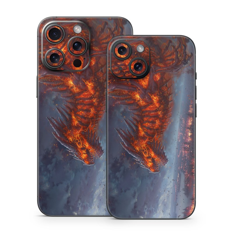 iPhone 15 Series Skin design of Geological phenomenon, Dragon, Cg artwork, Sky, Flame, Fictional character, Mythology, Lava, Demon, Heat, with red, blue, black colors