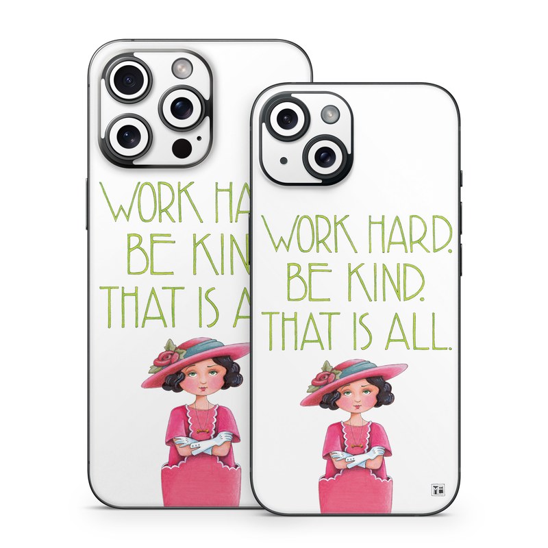 iPhone 15 Series Skin design of Pink, Headgear, Font, Hat, with white, green, pink, black, white, yellow, blue colors