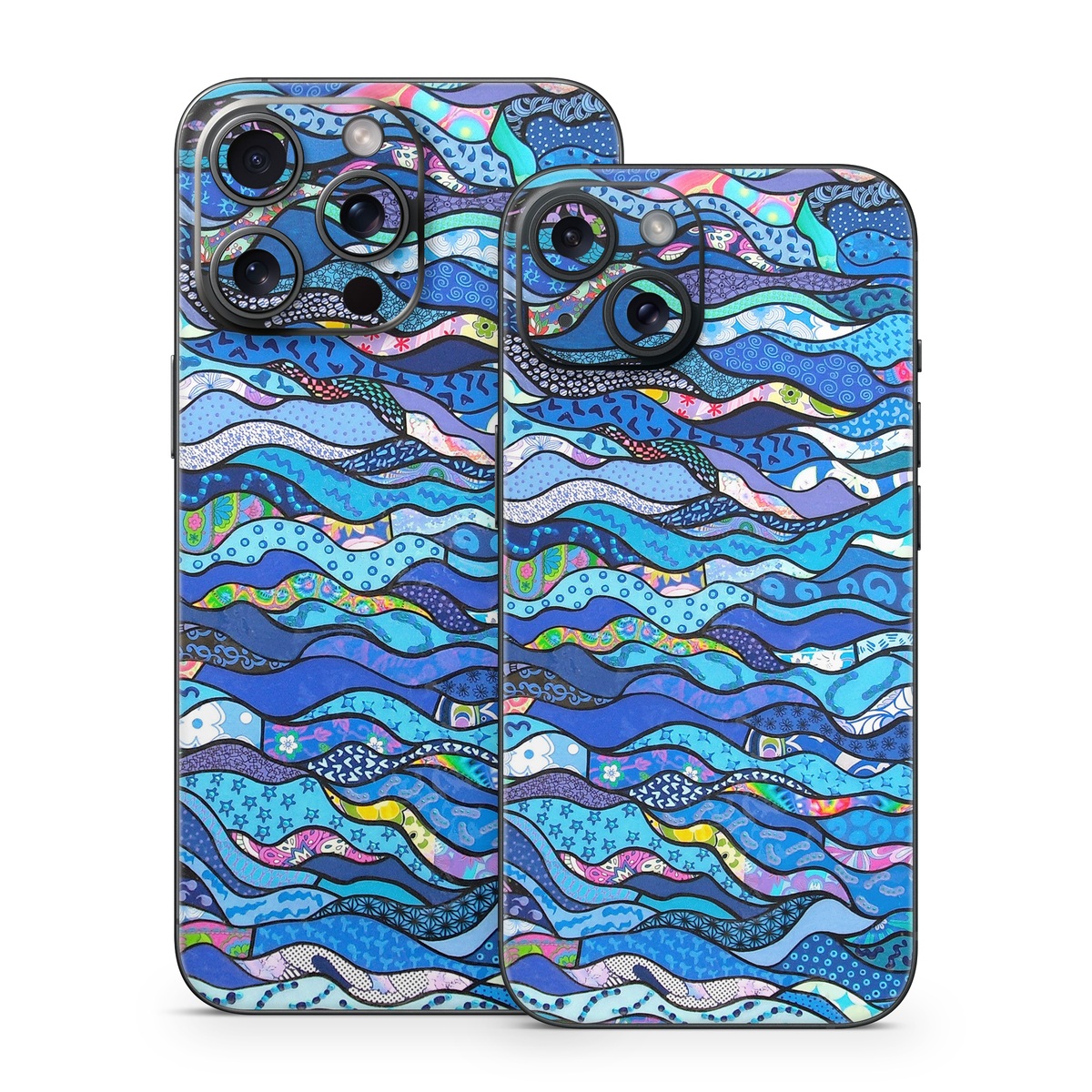 iPhone 15 Series Skin design of Blue, Pattern, Aqua, Water, Line, Design, Textile, Psychedelic art, Electric blue, with blue, black, gray, purple colors