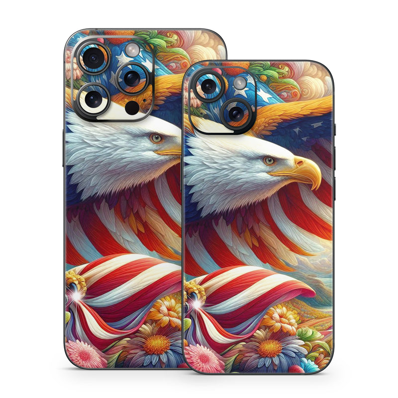 iPhone 15 Series Skin design of Bird, Accipitridae, Beak, Wing, Bald eagle, Bird of prey, Eagle, Flag of the United States, Accipitriformes, Painting, with red, blue, white, yellow, orange, brown, green, gray colors