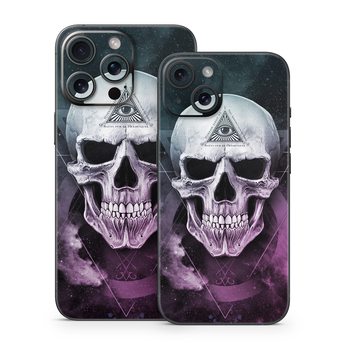 iPhone 15 Series Skin design of Skull, Bone, Illustration, Font, Jaw, Fictional character, Graphic design, Graphics, Art, with black, white, gray, purple colors