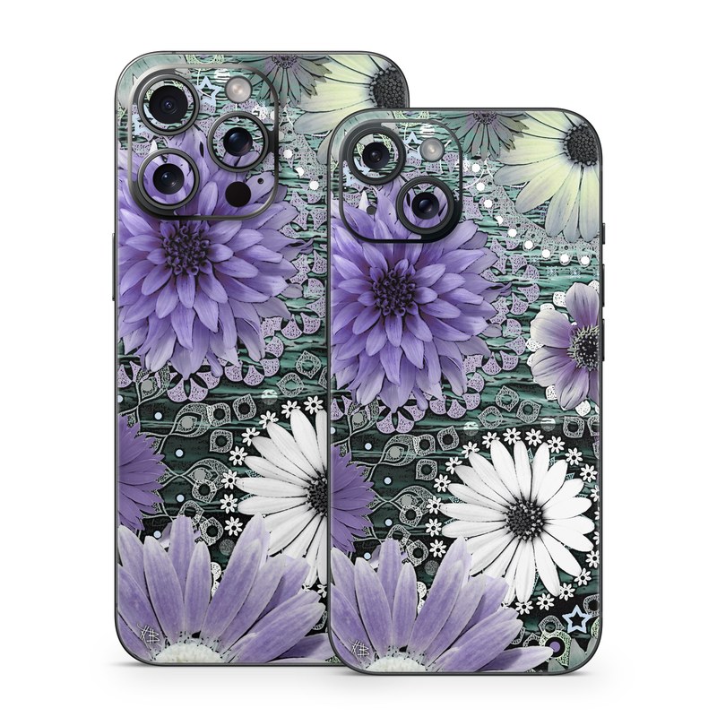 iPhone 15 Series Skin design of Purple, Flower, african daisy, Pericallis, Plant, Violet, Lavender, Botany, Petal, Pattern, with gray, black, blue, purple, white colors