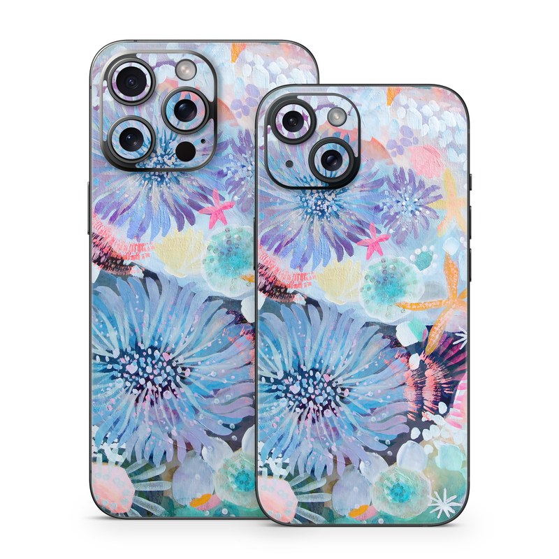 iPhone 15 Series Skin design of Pattern, Aqua, Textile, Design, Watercolor paint, Visual arts, Flower, Art, Plant, Illustration, with blue, orange, pink, purple, green, white colors