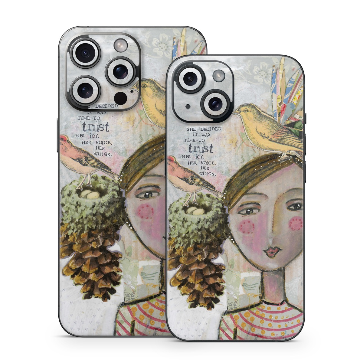 iPhone 15 Series Skin design of Watercolor paint, Illustration, Art, Painting, Child art, Fictional character, Visual arts, Fashion illustration, Feather, Drawing, with gray, brown, pink, yellow, red, green, blue colors