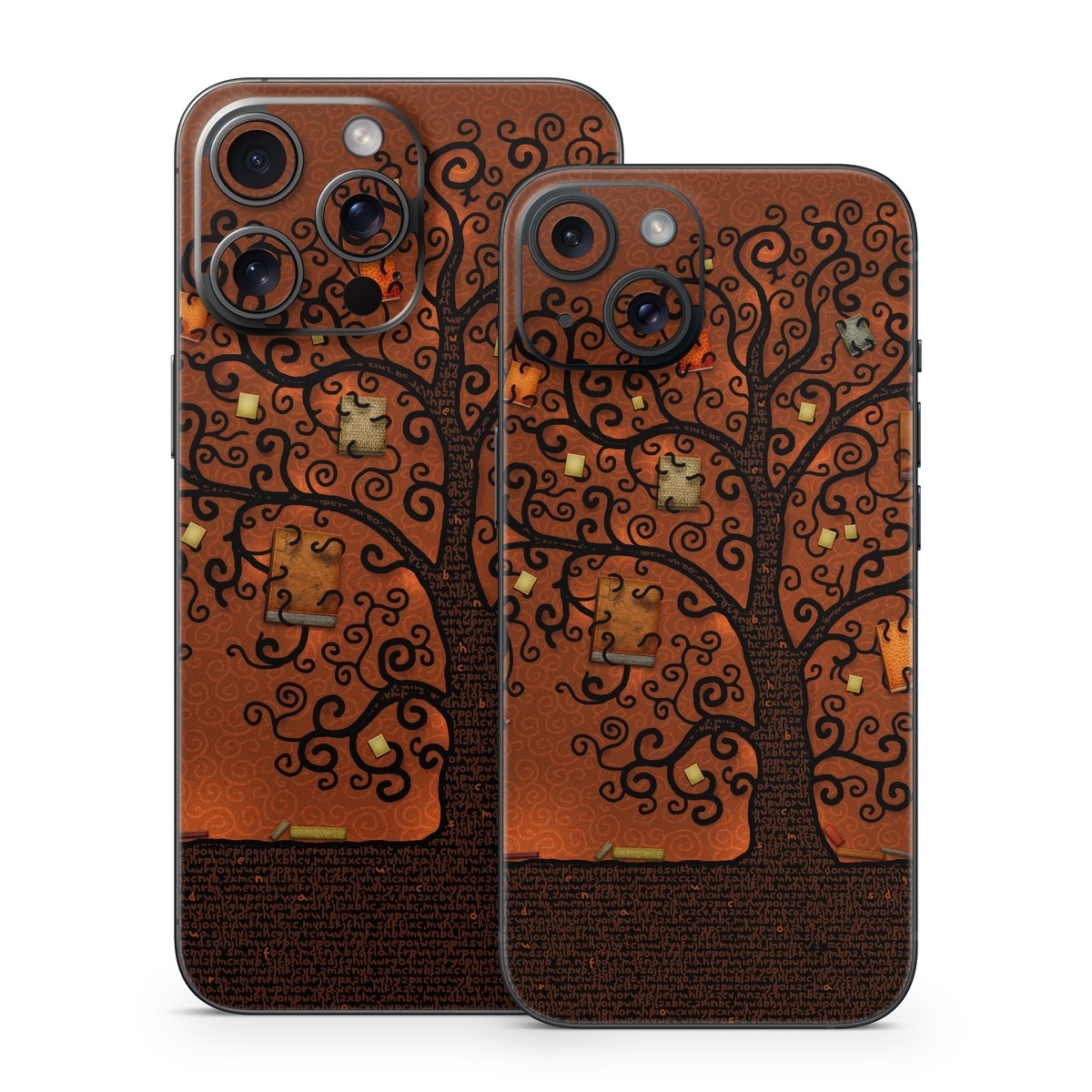 iPhone 15 Series Skin design of Tree, Brown, Leaf, Plant, Woody plant, Branch, Visual arts, Font, Pattern, Art, with black colors