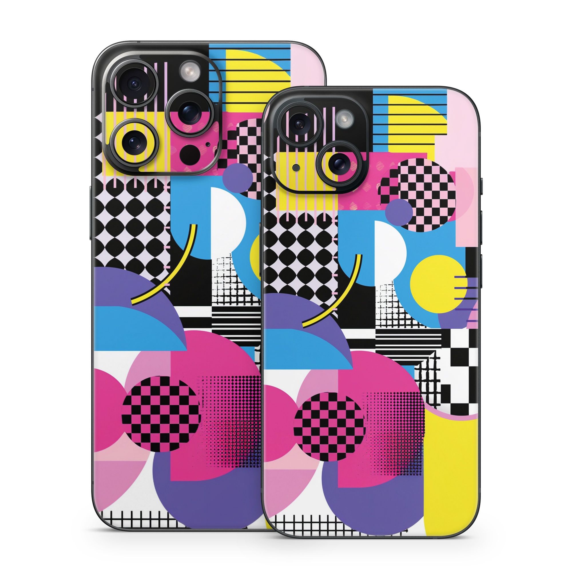 iPhone 15 Series Skin design of Rectangle, Textile, Art, Font, Line, Material property, Magenta, Pattern, Circle, Tints and shades, with pink, yellow, white, black, purple, blue colors