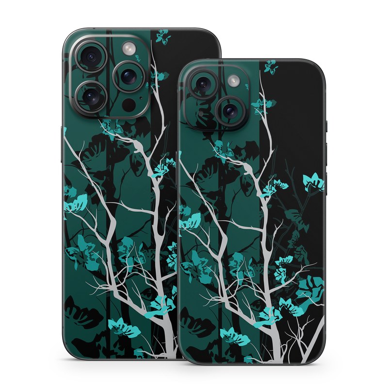 iPhone 15 Series Skin design of Branch, Black, Blue, Green, Turquoise, Teal, Tree, Plant, Graphic design, Twig, with black, blue, gray colors