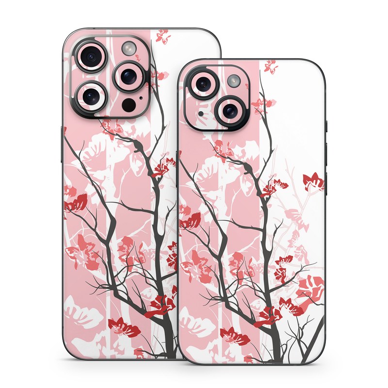 iPhone 15 Series Skin design of Branch, Red, Flower, Plant, Tree, Twig, Blossom, Botany, Pink, Spring, with white, pink, gray, red, black colors