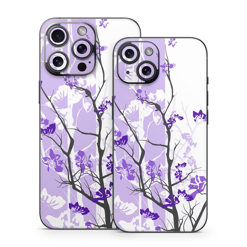iPhone 15 Series Skin design of Branch, Purple, Violet, Lilac, Lavender, Plant, Twig, Flower, Tree, Wildflower, with white, purple, gray, pink, black colors