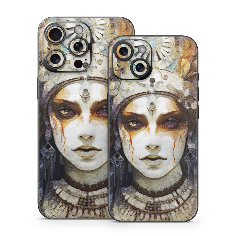 iPhone 15 Series Skin design of Eye, Paint, Eyelash, Painting, Art, Headpiece, Beauty, Feather, Illustration, Mask, with white, black, yellow, brown, gray, blue colors