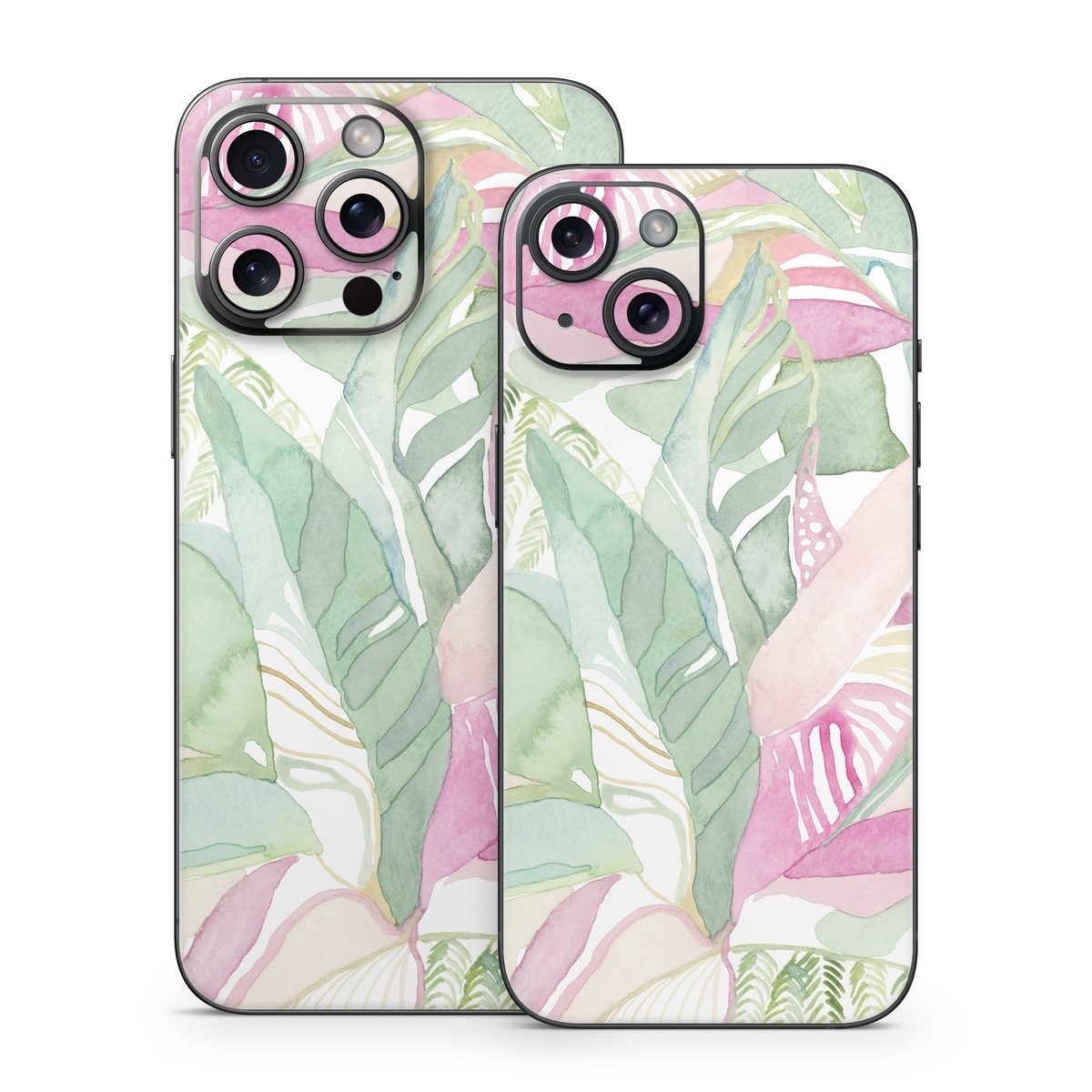 iPhone 15 Series Skin design of Pink, Leaf, Botany, Pattern, Plant, Flower, Illustration, with white, green, pink, orange colors