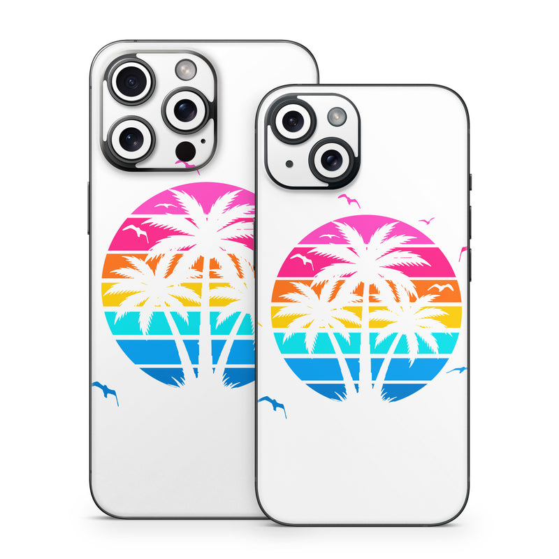 iPhone 15 Series Skin design of Palm trees, Graphics, Clip art, Graphic design, with white, pink, orange, yellow, blue colors