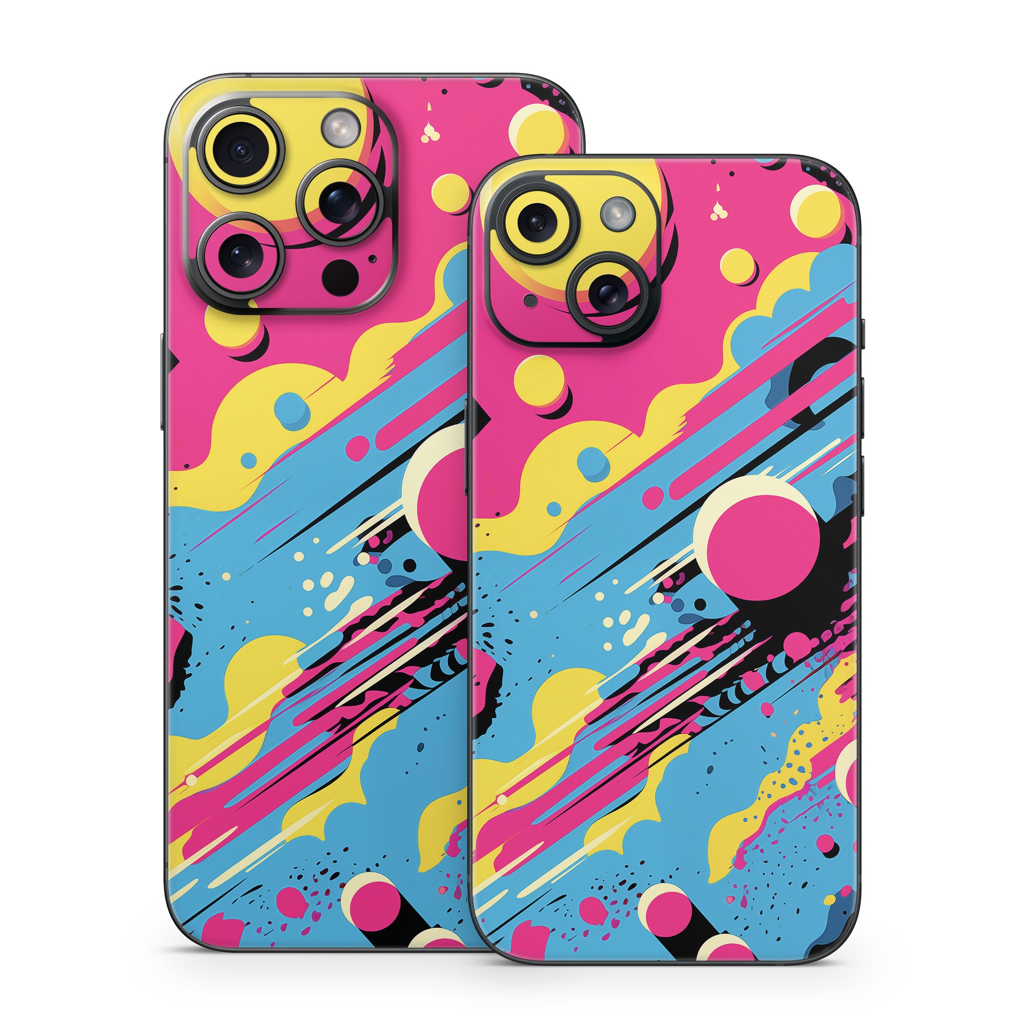 iPhone 15 Series Skin design of Colorfulness, Paint, Art, Font, Line, Material property, Magenta, Pattern, Illustration, Circle, with pink, yellow, blue, black, white colors