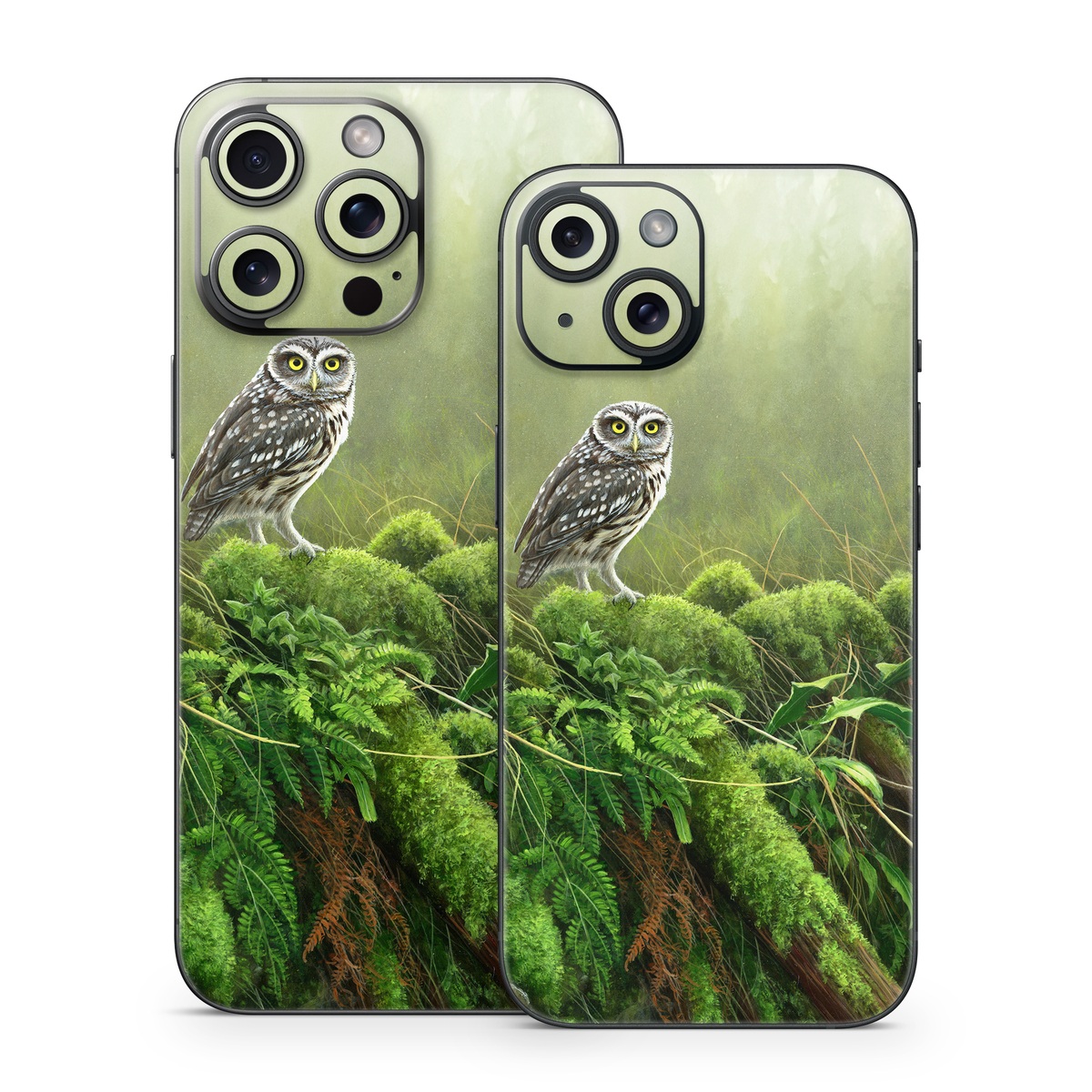 iPhone 15 Series Skin design of Nature, Owl, Bird, Bird of prey, great grey owl, Adaptation, Terrestrial plant, Wildlife, Plant, Organism, with brown, gray, green, white colors