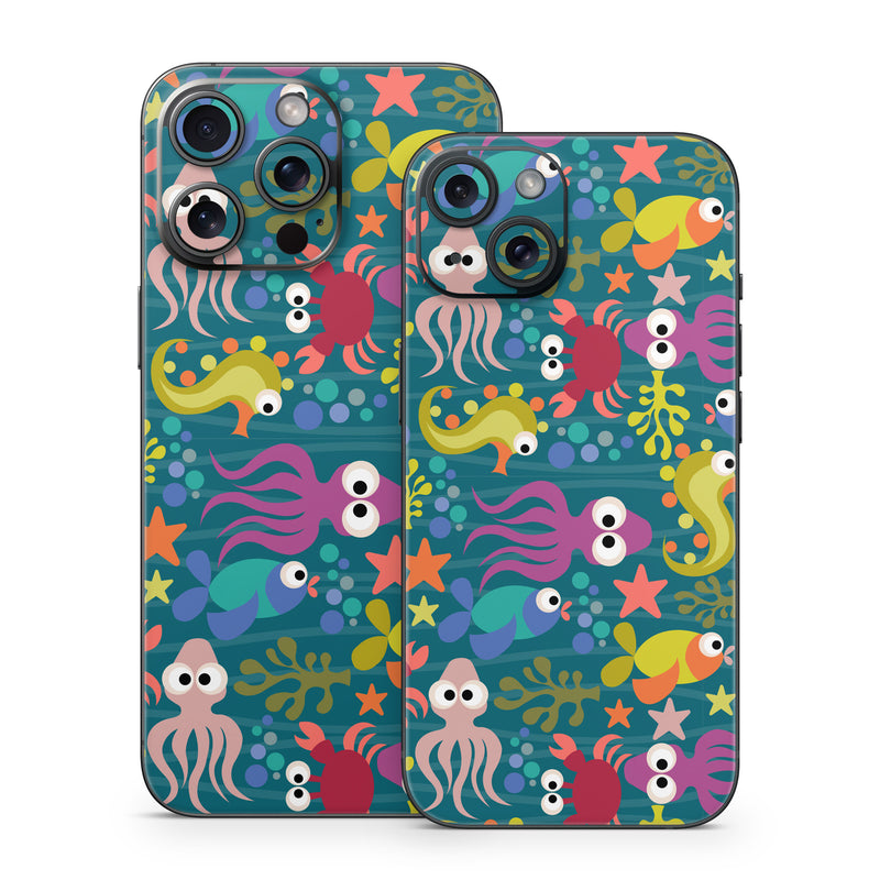 iPhone 15 Series Skin design of Marine invertebrates, Marine biology, Coral reef fish, Graphics, Fish, with blue, green, pink, red, green, orange, purple colors
