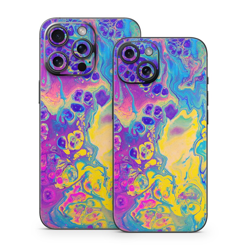 iPhone 15 Series Skin design of Psychedelic art, Pattern, Purple, Visual arts, Design, Art, Fractal art, Electric blue, Graphic design, Graphics, with blue, yellow, purple, pink colors