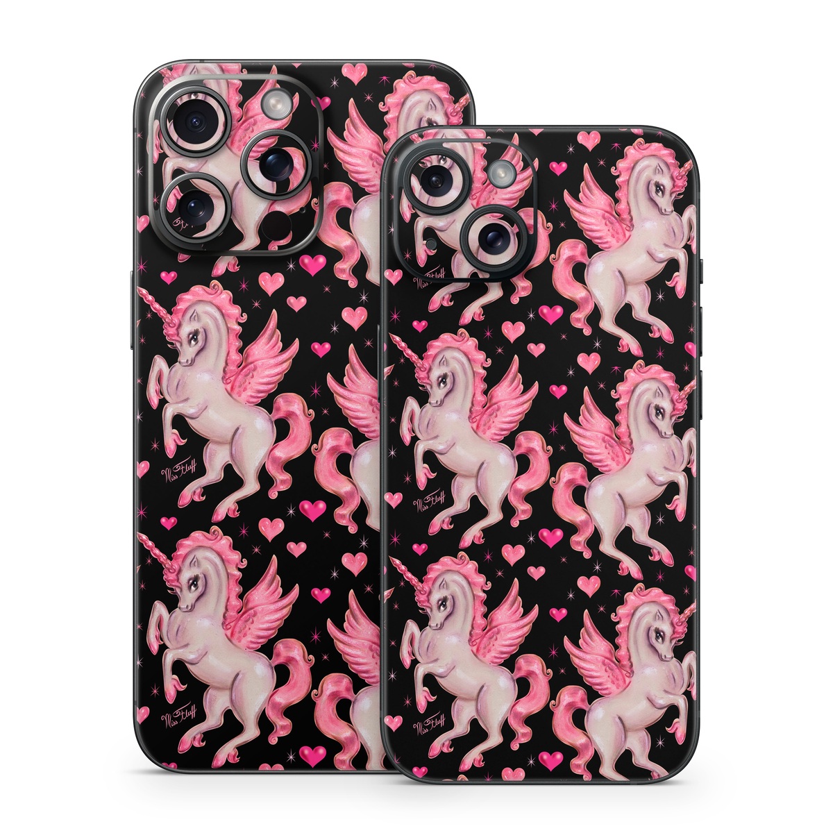 iPhone 15 Series Skin design of Pink, Pattern, Fictional character, Design, Illustration, Font, Unicorn, Graphic design, Mythical creature, Art, with black, pink colors