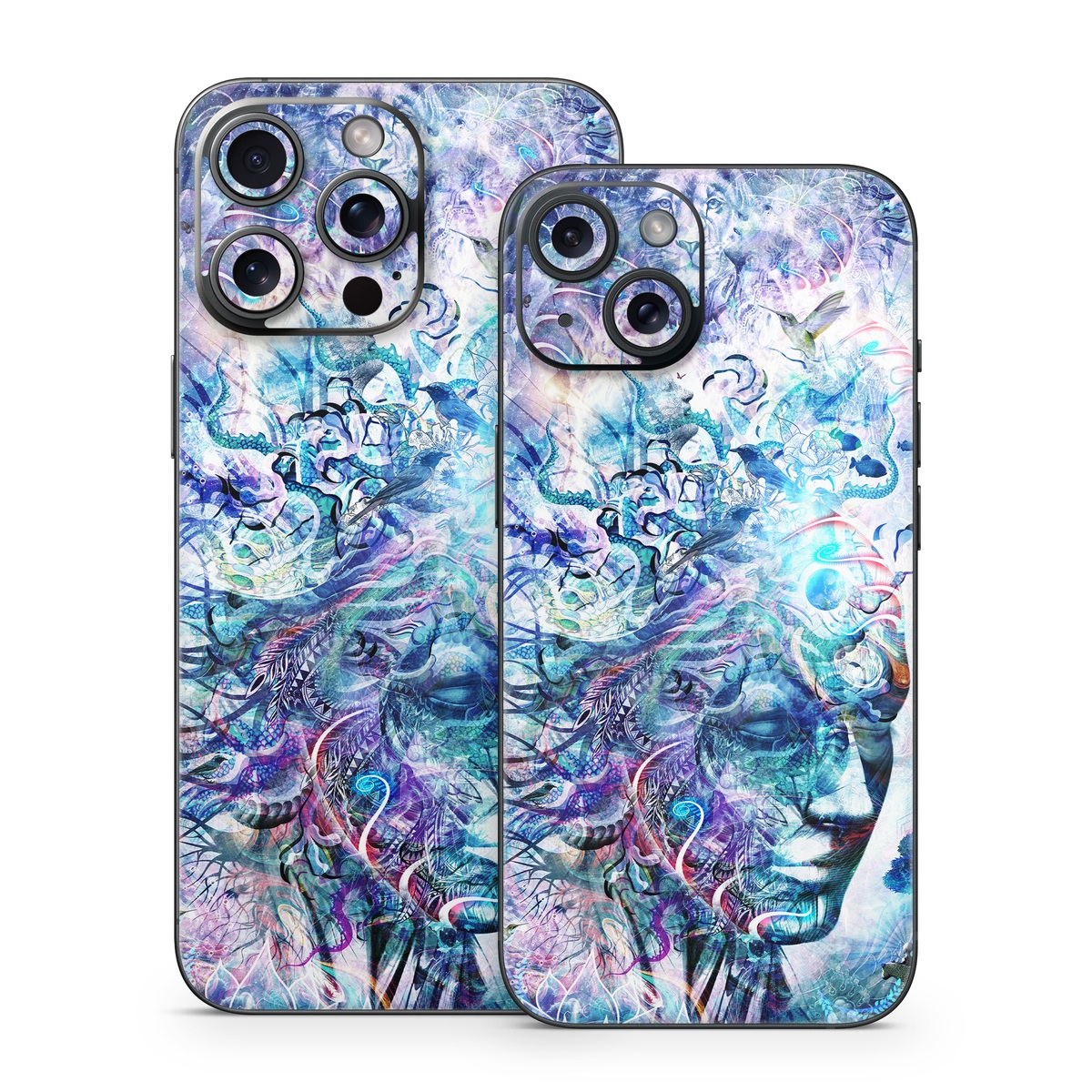 iPhone 15 Series Skin design of Psychedelic art, Water, Fractal art, Art, Pattern, Graphic design, Design, Illustration, Electric blue, Visual arts, with blue, purple, green, red, gray, white colors