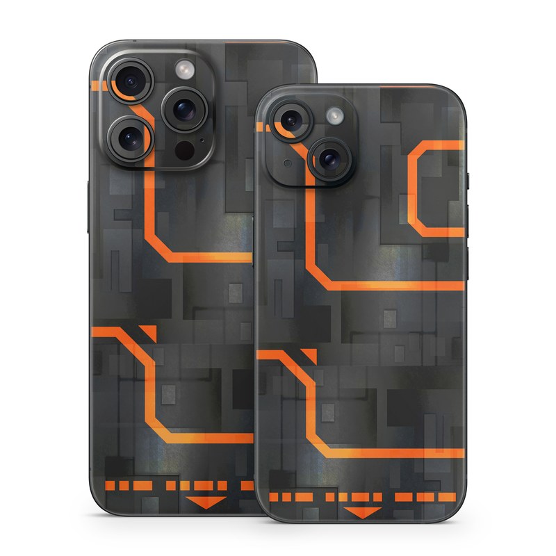 iPhone 15 Series Skin design of Orange, Font, Parallel, Pattern, Graphics, Rectangle, Logo, Brand, Graphic design, Event, with black, orange colors
