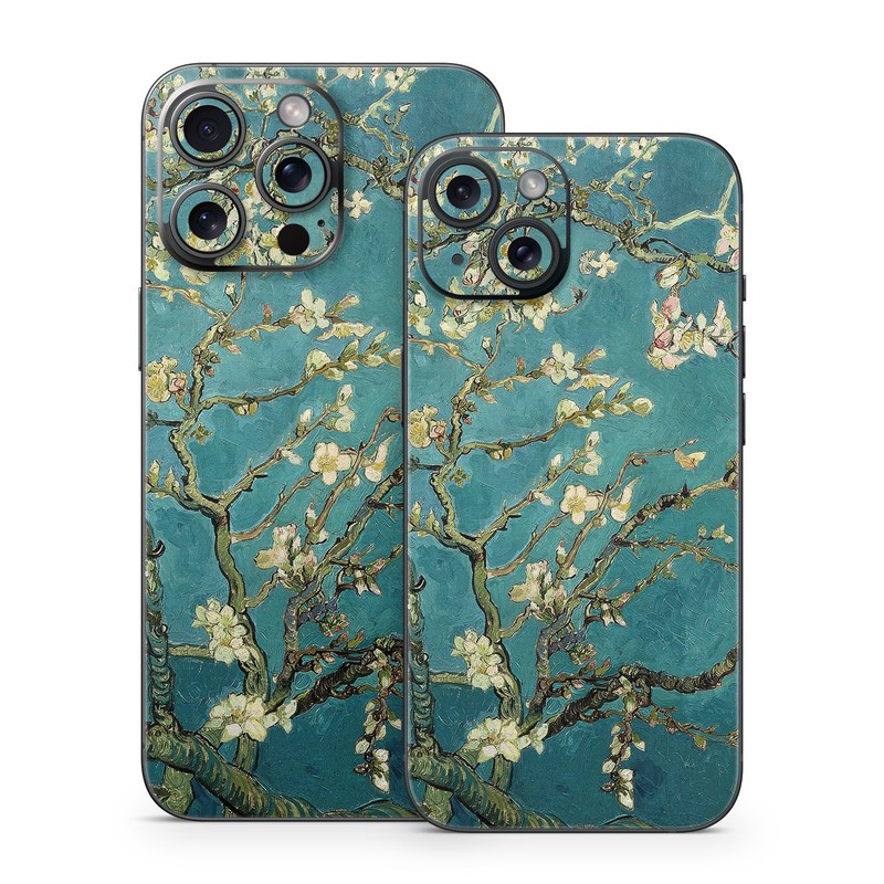 iPhone 15 Series Skin design of Tree, Branch, Plant, Flower, Blossom, Spring, Woody plant, Perennial plant, with blue, black, gray, green colors