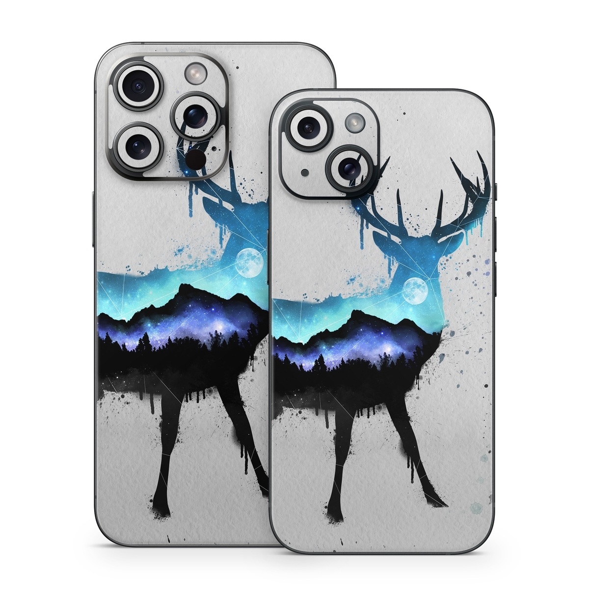 iPhone 15 Series Skin design of Reindeer, Deer, Illustration, Watercolor paint, Art, Elk, Wildlife, Drawing, Paint, Graphics, with gray, black, blue, purple, white colors