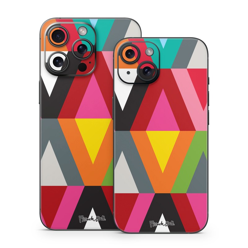 iPhone 15 Series Skin design of Pattern, Orange, Yellow, Graphic design, Colorfulness, Line, Design, Symmetry, Triangle, Font, with black, white, red, orange, pink, blue, green, gray colors