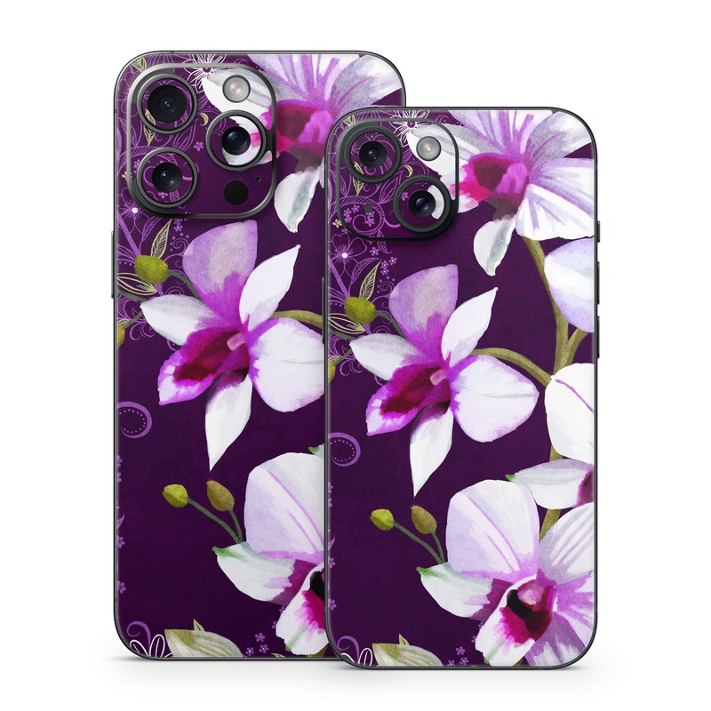 iPhone 15 Series Skin design of Flower, Purple, Petal, Violet, Lilac, Plant, Flowering plant, cooktown orchid, Botany, Wildflower, with black, gray, white, purple, pink colors
