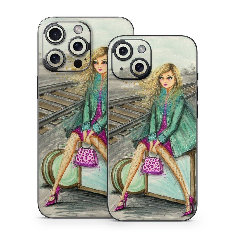 iPhone 15 Series Skin design of Fashion illustration, Pink, Illustration, Fashion, Watercolor paint, Art, Magenta, Fashion design, Sitting, Drawing, with gray, green, pink, white, yellow, purple, blue colors