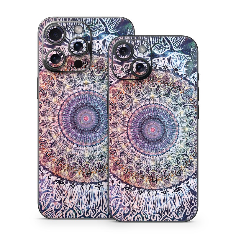 iPhone 15 Series Skin design of Tapestry, Pattern, Art, Close-up, Circle, Fractal art, Textile, Eye, Design, Kaleidoscope, with blue, red, yellow, purple, green colors