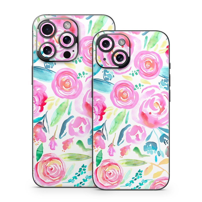 iPhone 15 Series Skin design of Flower, Plant, Petal, Pink, Art, Material property, Magenta, Flowering plant, Pattern, Rose family, with white, pink, green, blue, yellow colors