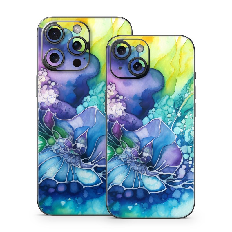 iPhone 15 Series Skin design of Flower, Plant, Art paint, Petal, Blue, Azure, Purple, Art, Paint, Painting, with blue, yellow, green, purple, white, orange colors